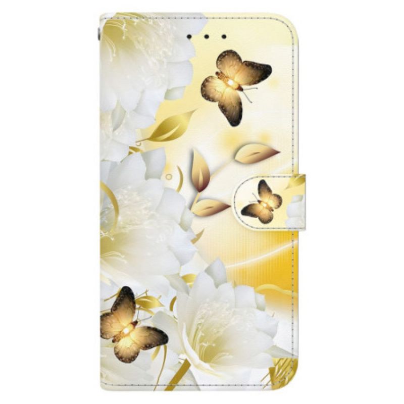 Housse Google Pixel 8A Papillons Dorés et Fleurs Blanches à Lanière