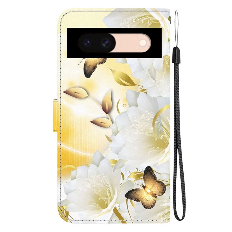 Housse Google Pixel 8A Papillons Dorés et Fleurs Blanches à Lanière