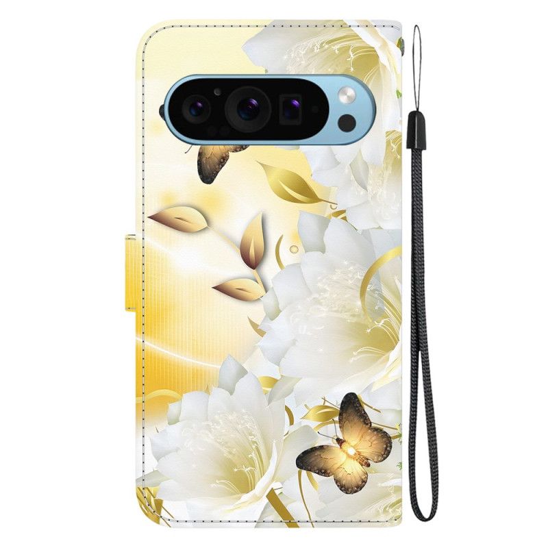 Housse Google Pixel 9 / Pixel 9 Pro Papillons Dorés et Fleurs Blanches à Lanière