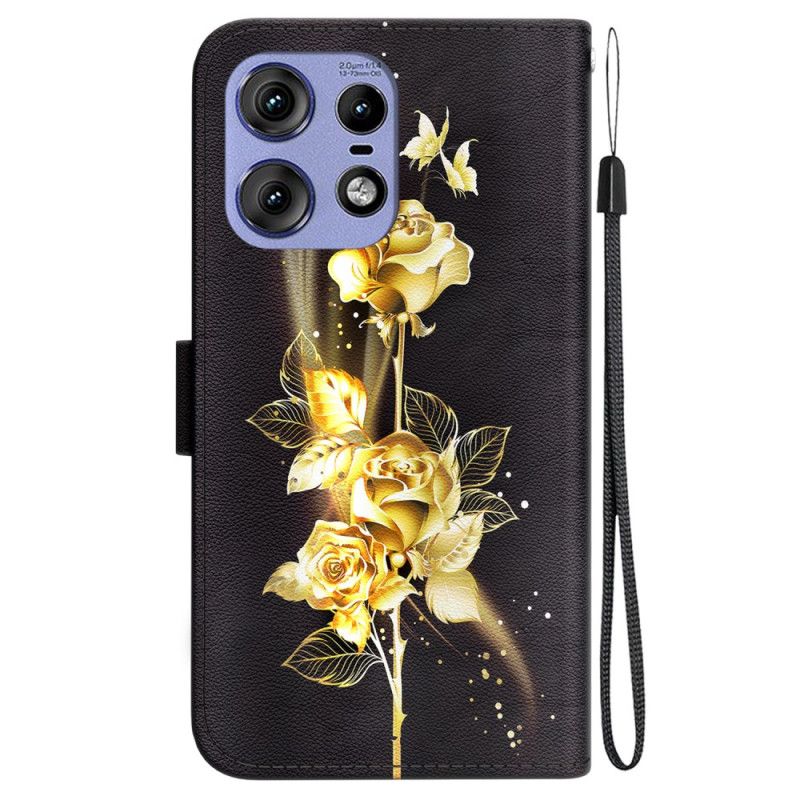 Housse Motorola Edge 50 Pro Papillons Dorés et Roses à Lanière