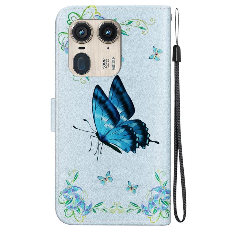 Housse Motorola Edge 50 Ultra Papillon Bleu et Fleurs à Lanière