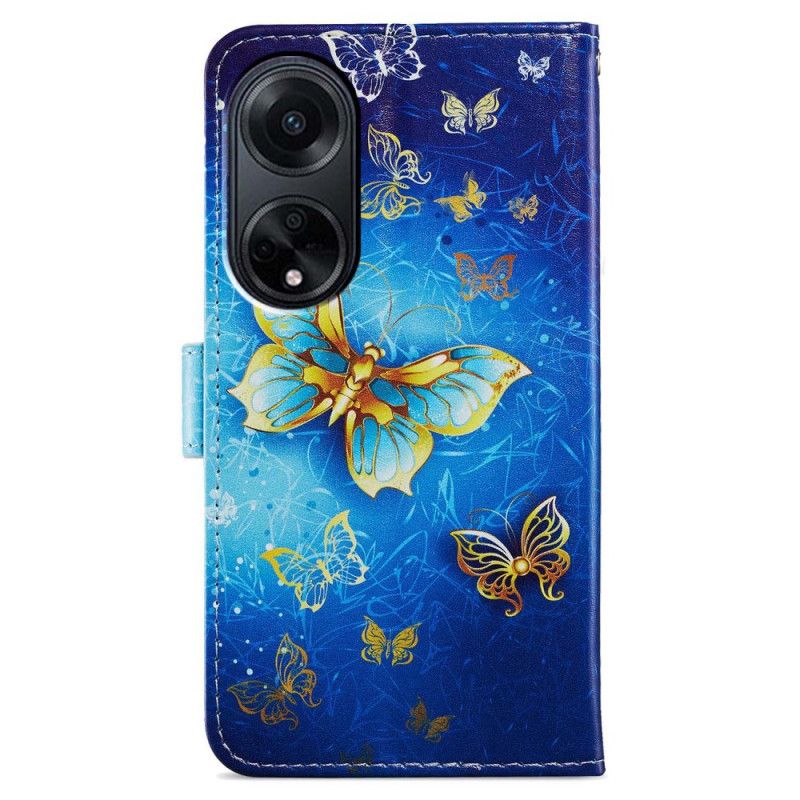 Housse Oppo A98 5G Papillons Dorés à Lanière