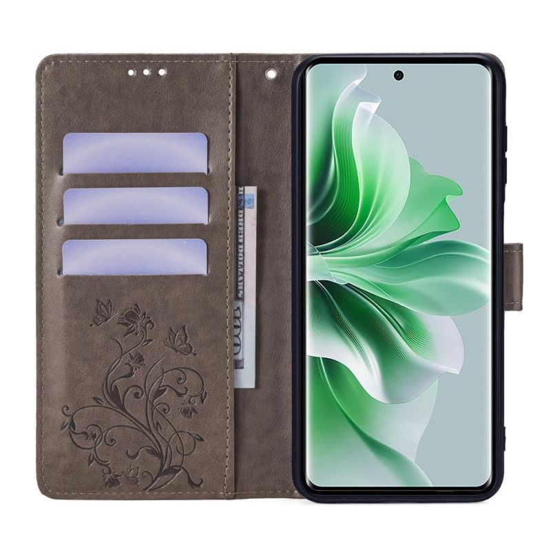 Housse Oppo Reno 11 5G Papillons et Fleurettes à Lanière