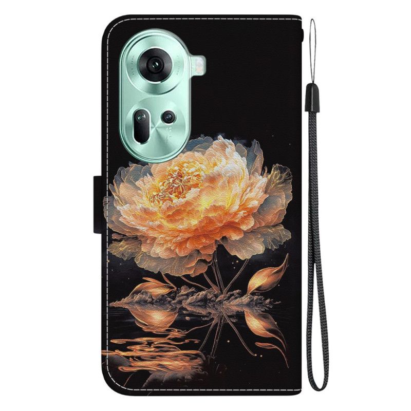 Housse Oppo Reno 11 5G Pivoine Dorée à Lanière