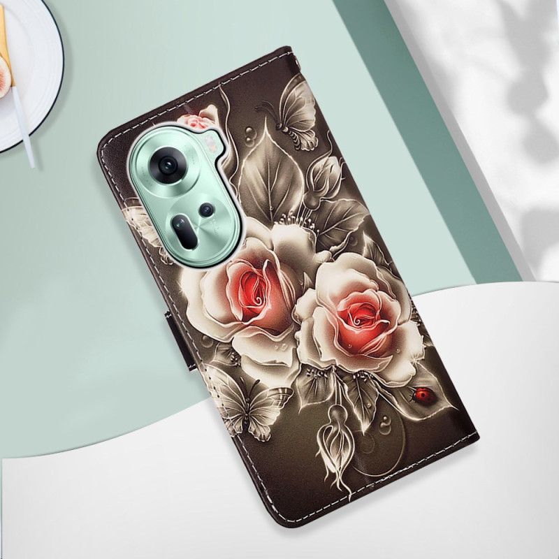 Housse Oppo Reno 11 5G Roses à Lanière