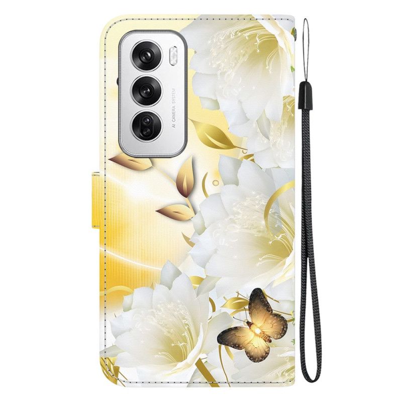 Housse Oppo Reno 12 5G Papillons Dorés et Fleurs à Lanière