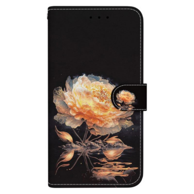 Housse Oppo Reno 12 5G Pivoine Dorée à Lanière