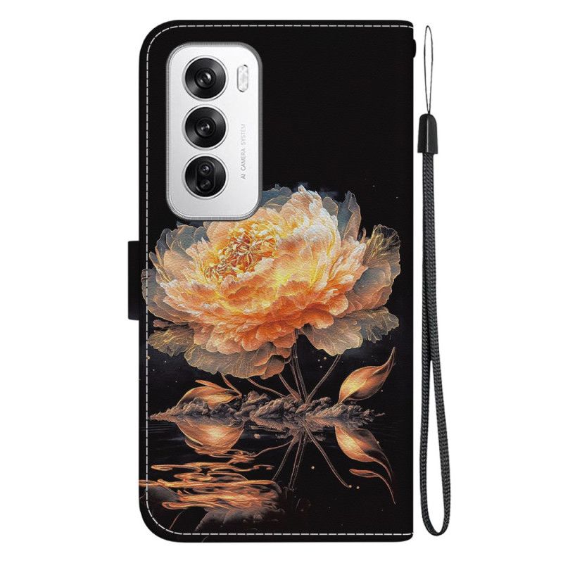 Housse Oppo Reno 12 5G Pivoine Dorée à Lanière