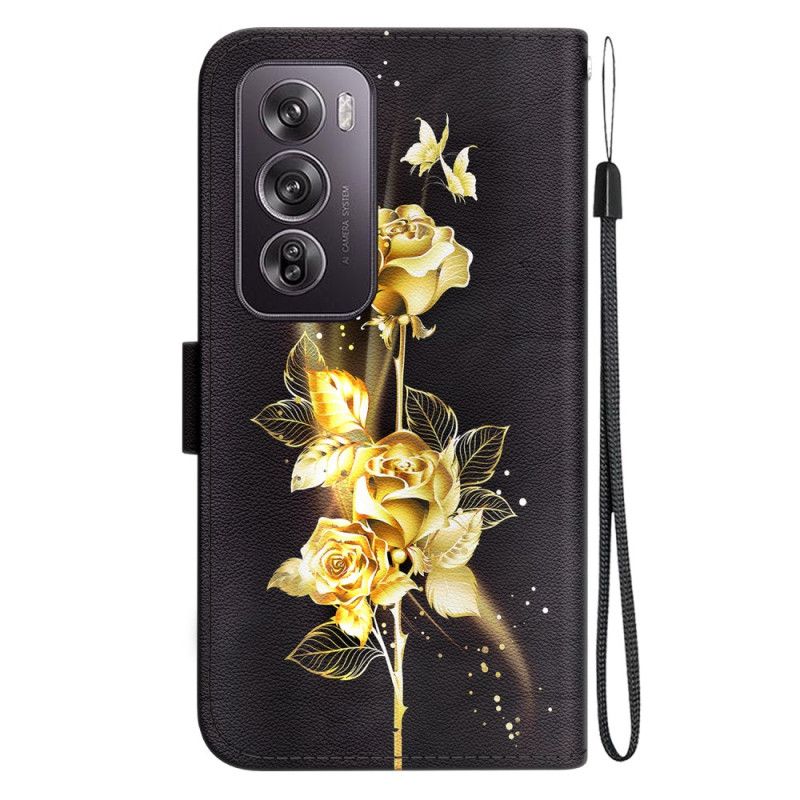 Housse Oppo Reno 12 Pro 5G Papillon Dorés et Roses à Lanière