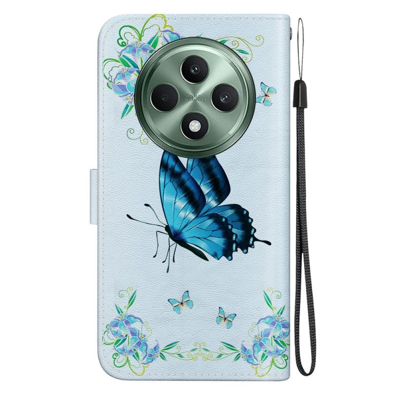 Housse Oppo Reno 12F 5G Papillon Bleu et Fleurs à Lanière