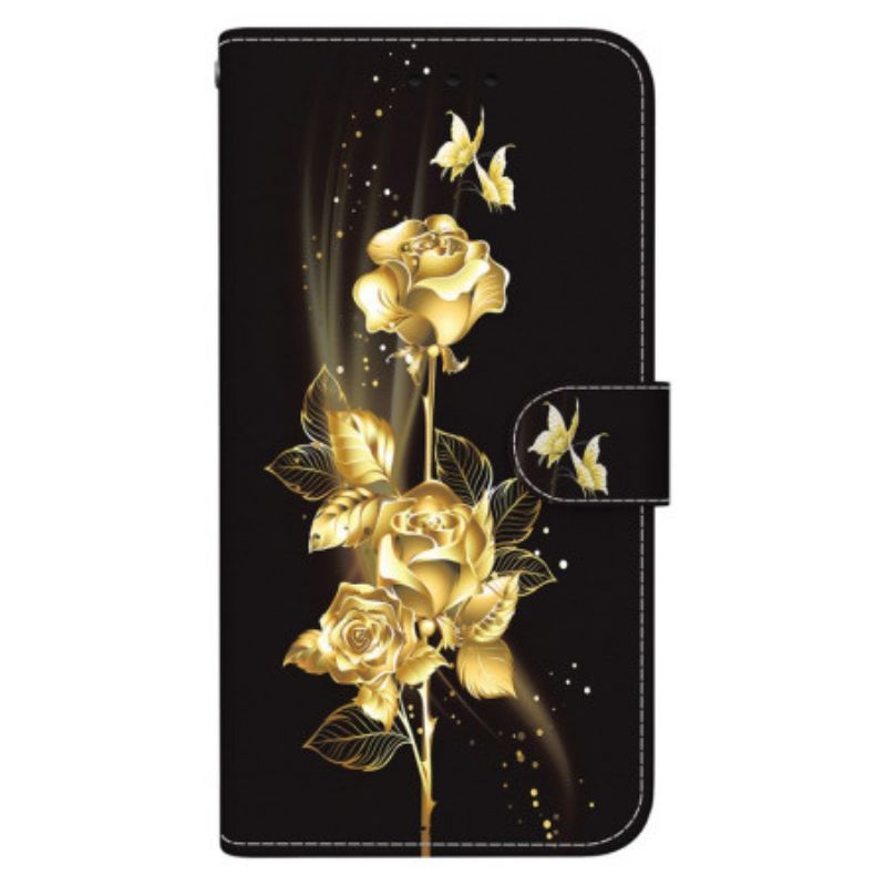 Housse Oppo Reno 12F 5G Papillons Dorés et Roses à Lanière