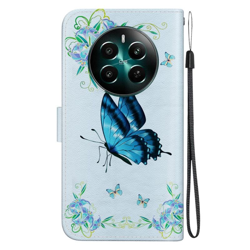 Housse Realme 12 Plus 5G Papillon Bleu et Fleurs à Lanière