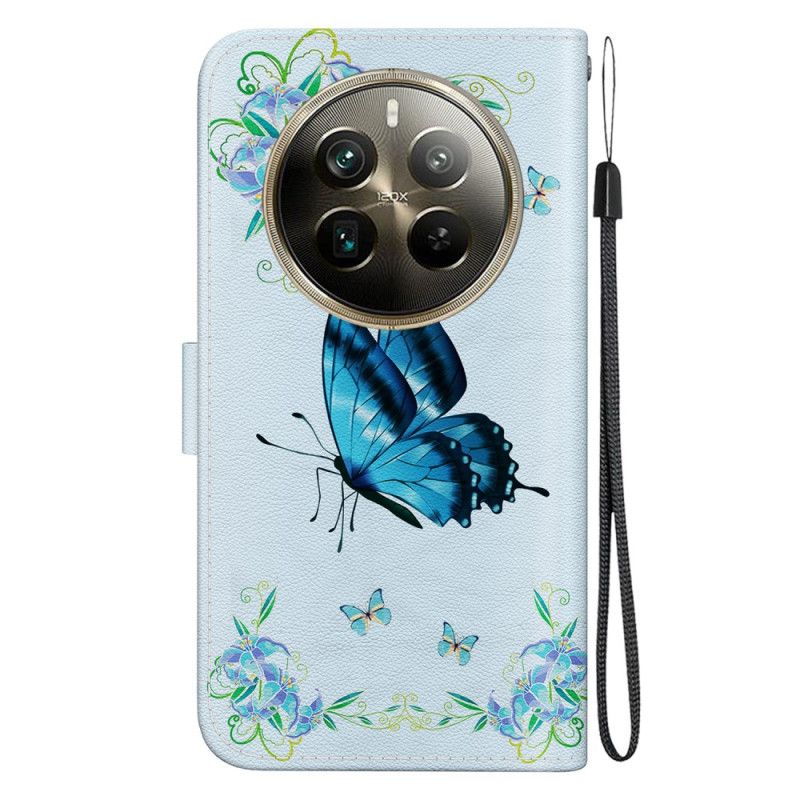 Housse Realme 12 Pro / 12 Pro Plus Papillon Bleu et Fleurs à Lanière