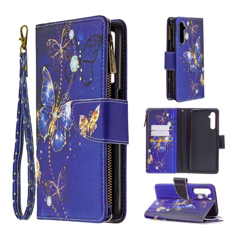 Housse Realme 6 Poche Zippée Papillons Dorés