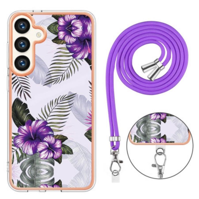 Coque à Cordon Samsung Galaxy S24 Plus 5G Fleurs Pourpres