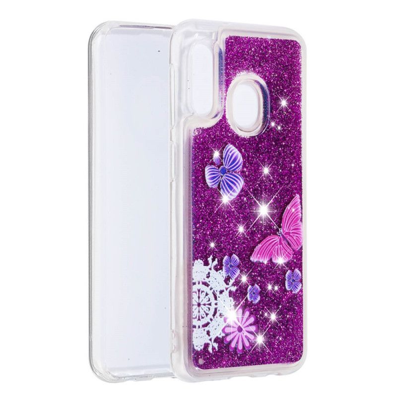 Coque Samsung Galaxy A20e Papillons Violets Paillettes