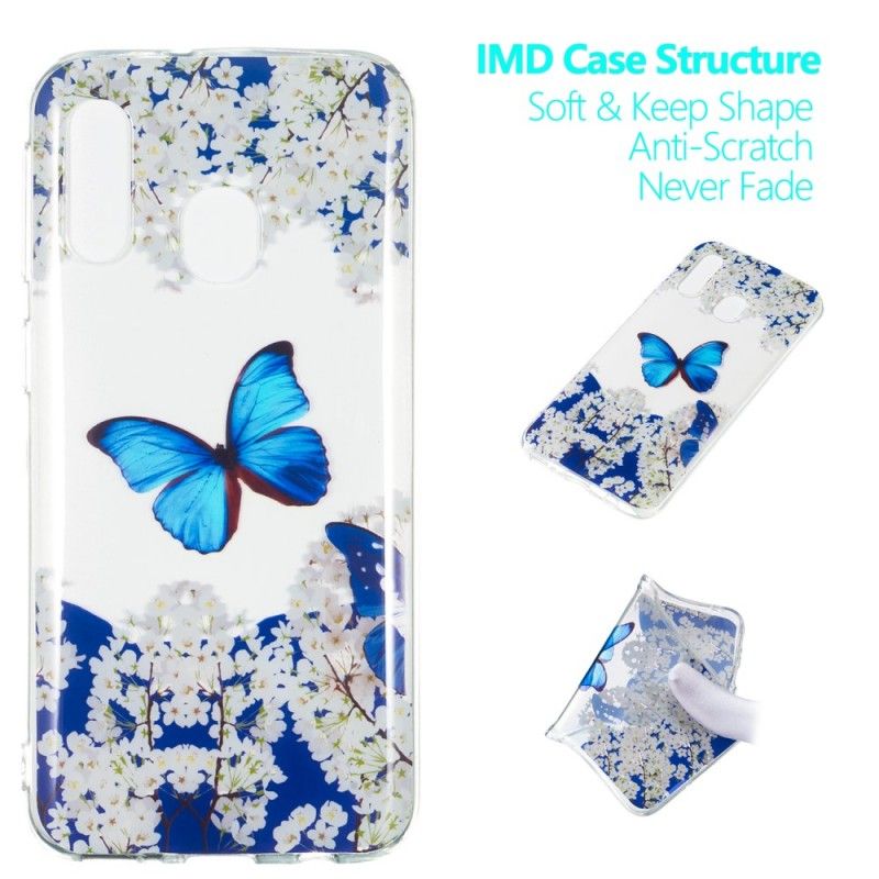 Coque Samsung Galaxy A40 Papillon Bleu Et Fleurs D'hiver