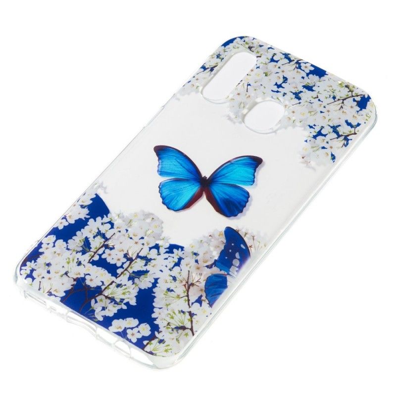 Coque Samsung Galaxy A40 Papillon Bleu Et Fleurs D'hiver