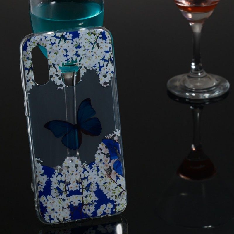 Coque Samsung Galaxy A40 Papillon Bleu Et Fleurs D'hiver