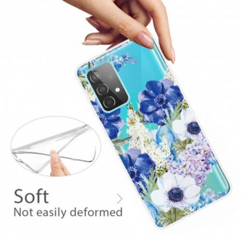 Coque Samsung Galaxy A52 4G / A52 5G / A52s 5G Transparente Fleurs Bleues Aquarelle