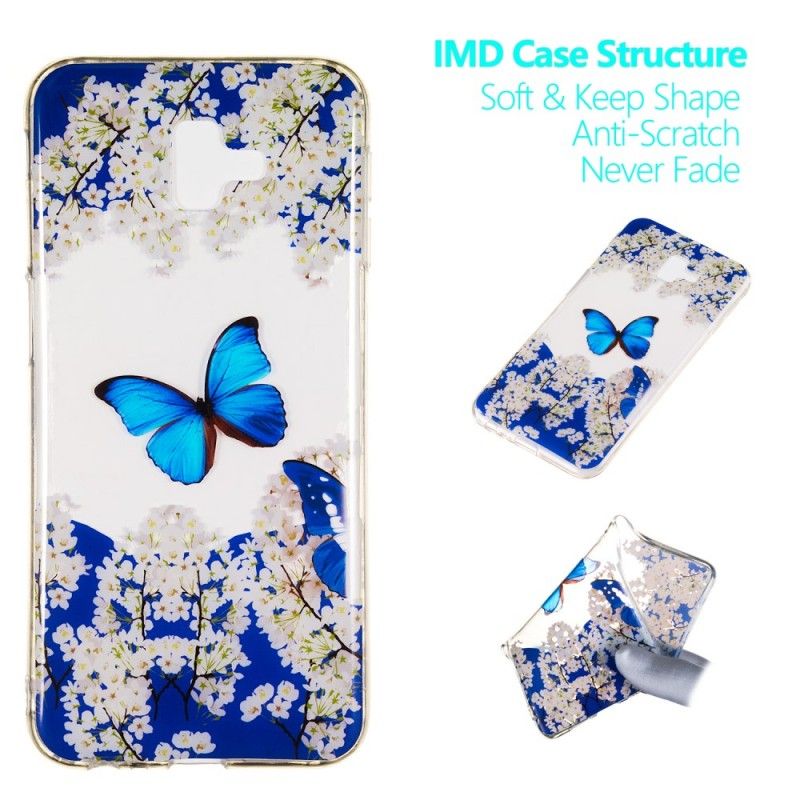 Coque Samsung Galaxy J6 Plus Papillon Bleu Et Fleurs D'hiver