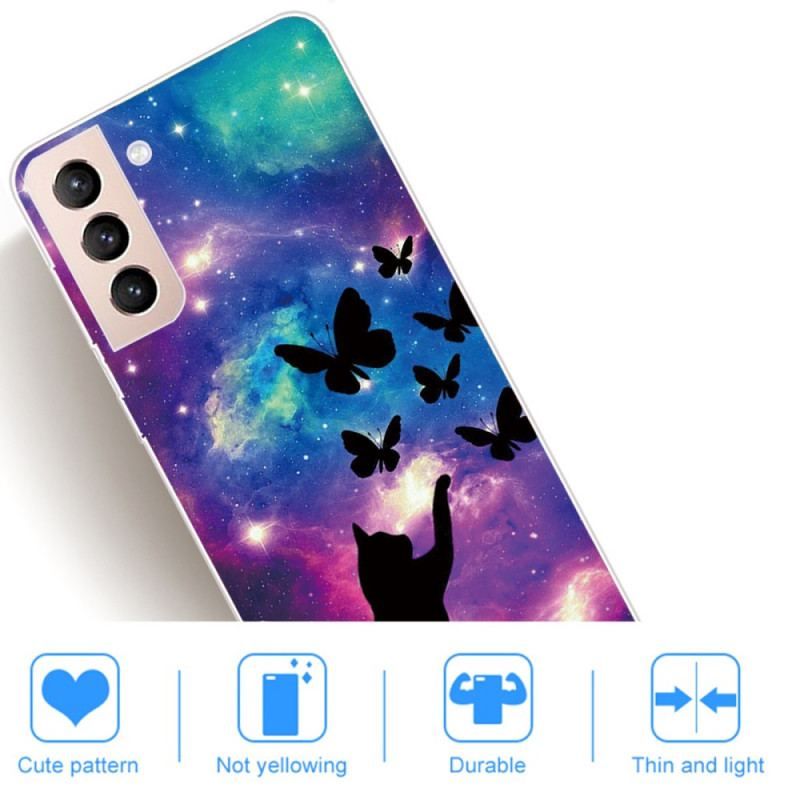 Coque Samsung Galaxy S22 5G Chat et Papillons Dans l'Espace