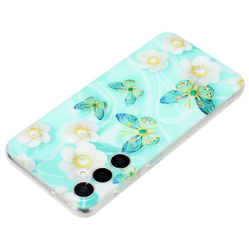 Coque Samsung Galaxy S24 FE Fleurs Blanches et Papillons Verts