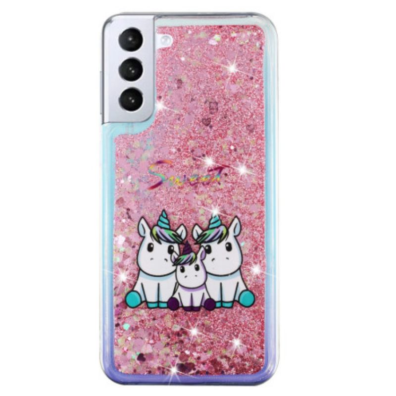 Coque Samsung Galaxy S24 Plus 5G Liquide Paillettes Trois Licornes