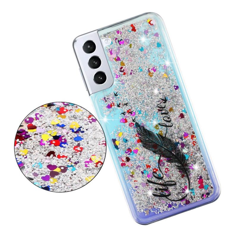 Coque Samsung Galaxy S24 Plus 5G Paillettes Liquides et Plumes