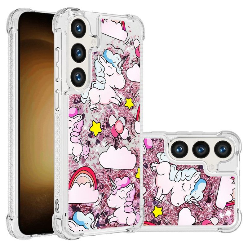 Coque Samsung Galaxy S24 Plus 5G Paillettes Liquides Licornes et Nuages