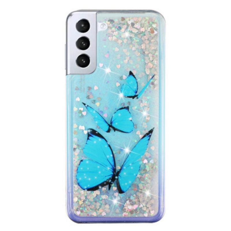 Coque Samsung Galaxy S24 Plus 5G Paillettes Liquides Papillons Bleus