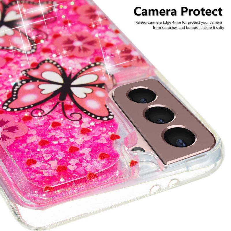 Coque Samsung Galaxy S24 Plus 5G Paillettes Liquides Papillons Rouges