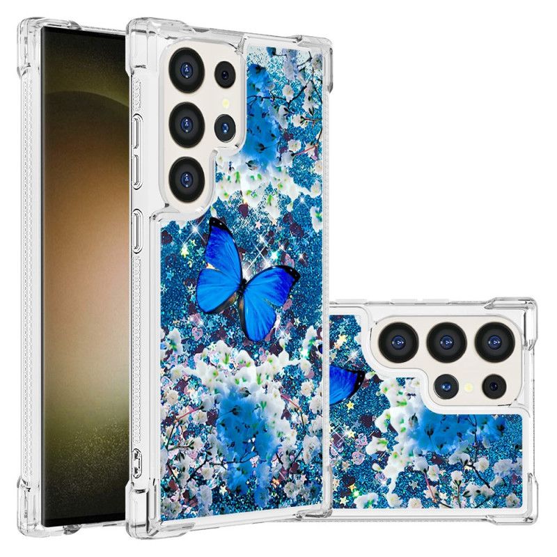 Coque Samsung Galaxy S24 Ultra 5G Paillettes Papillon Bleu