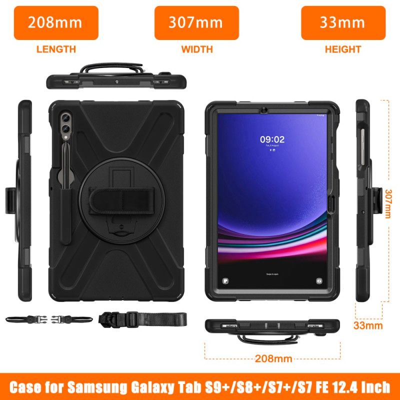 Coque Samsung Galaxy Tab S9 FE Plus / S9 Plus / S8 Plus / S7 Plus / S7 FE T730 T735 T736B T736N Sangle Support et bandoulière