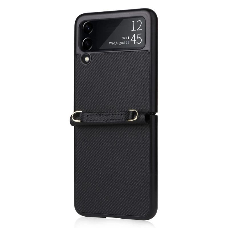 Coque Samsung Galaxy Z Flip 4 Effet Cuir Texture Fibre Carbone Avec Sangle