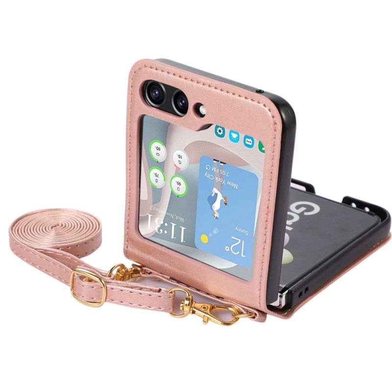 Coque Samsung Galaxy Z Flip 5 Style Cuir Porte-Cartes et Bandoulière