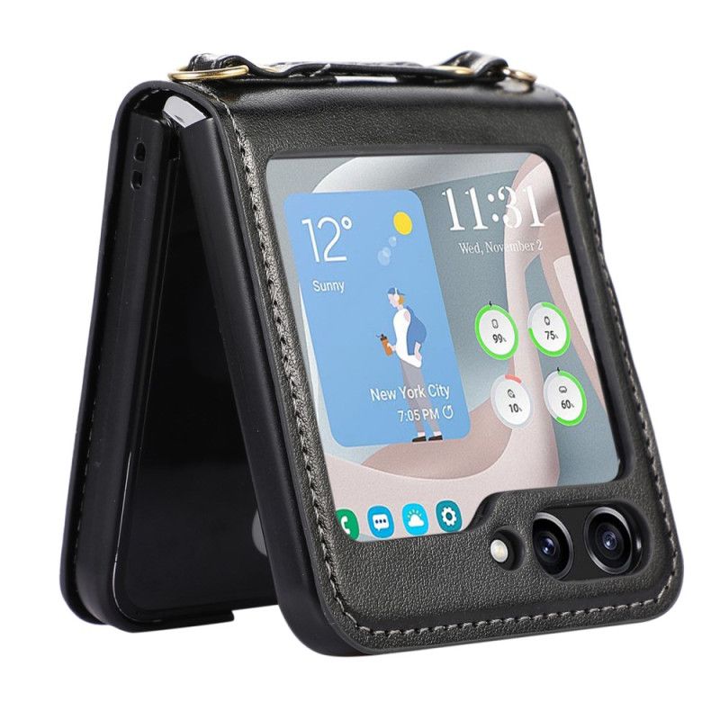 Coque Samsung Galaxy Z Flip 5 Style Cuir Porte-Cartes et Bandoulière