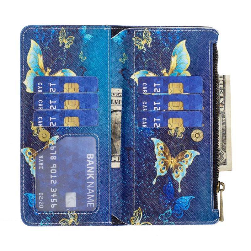 Housse pour Samsung Galaxy S24 5G Portefeuille Papillons Dorés à Lanière