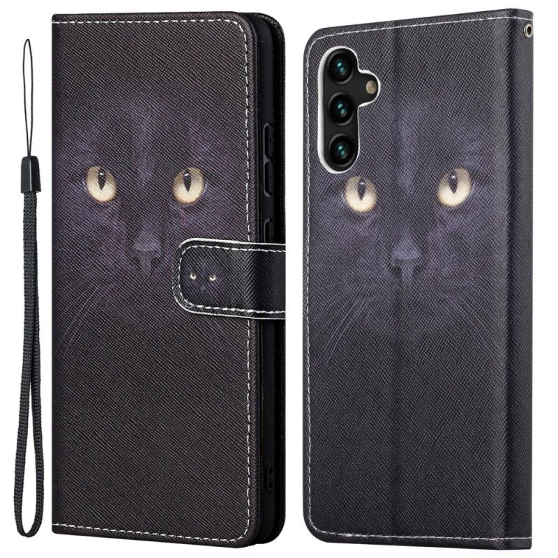 Housse Samsung Galaxy A13 5G Yeux De Chat Noir À Lanière