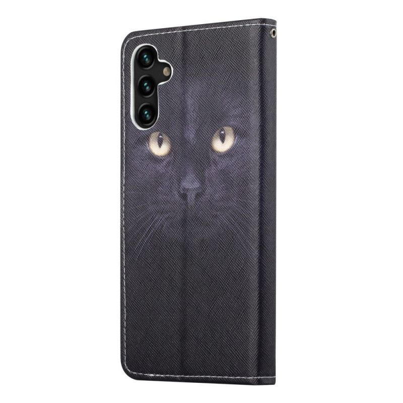 Housse Samsung Galaxy A13 5G Yeux De Chat Noir À Lanière