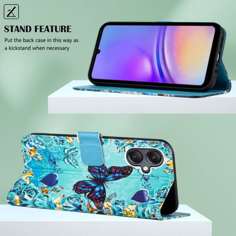 Housse Samsung Galaxy A15 Papillons et Coeurs à Lanière