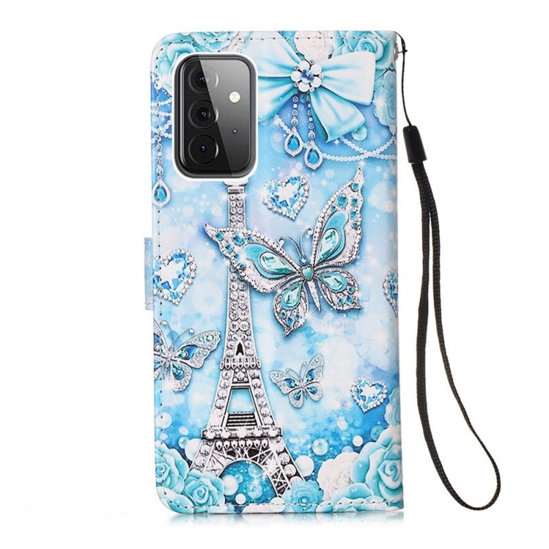 Étui Housse Samsung Galaxy A52 4g / A52 5g Tour Eiffel Papillons À Lanière