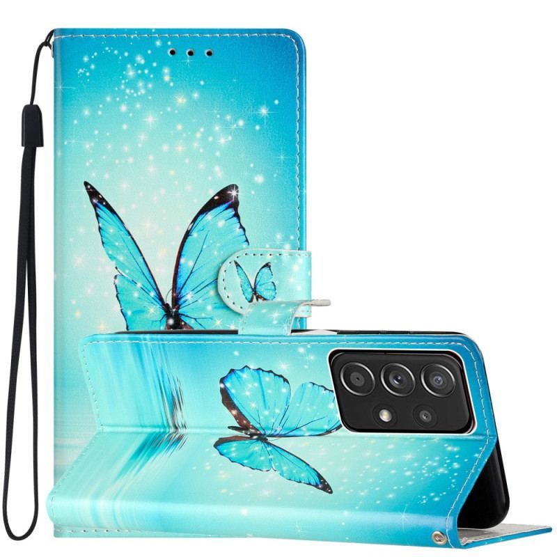 Housse Samsung Galaxy A53 5G Papillons Bleus à Lanière