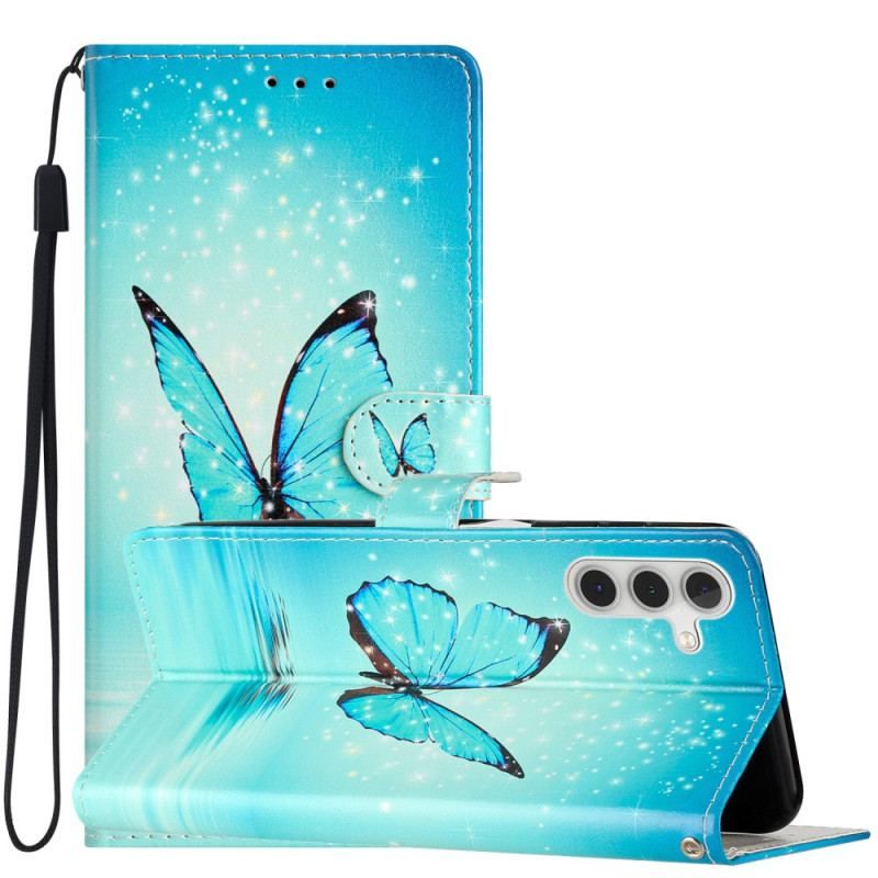 Housse Samsung Galaxy A54 5G Papillon Bleu à Lanière