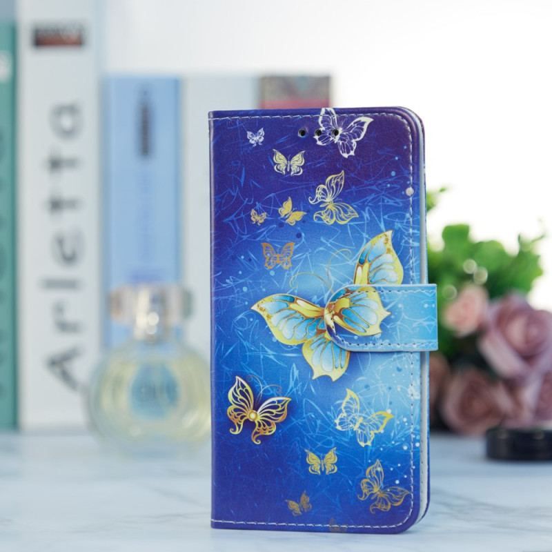 Housse Samsung Galaxy A54 5G Papillons Dorés à Lanière