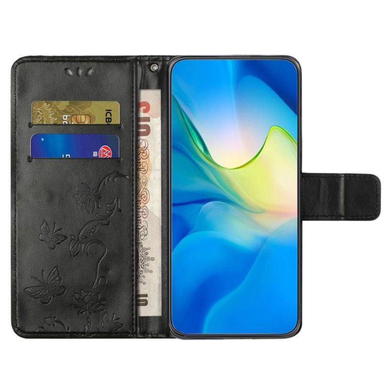 Housse Samsung Galaxy A55 5G Design Papillons et Fleurs avec Lanière