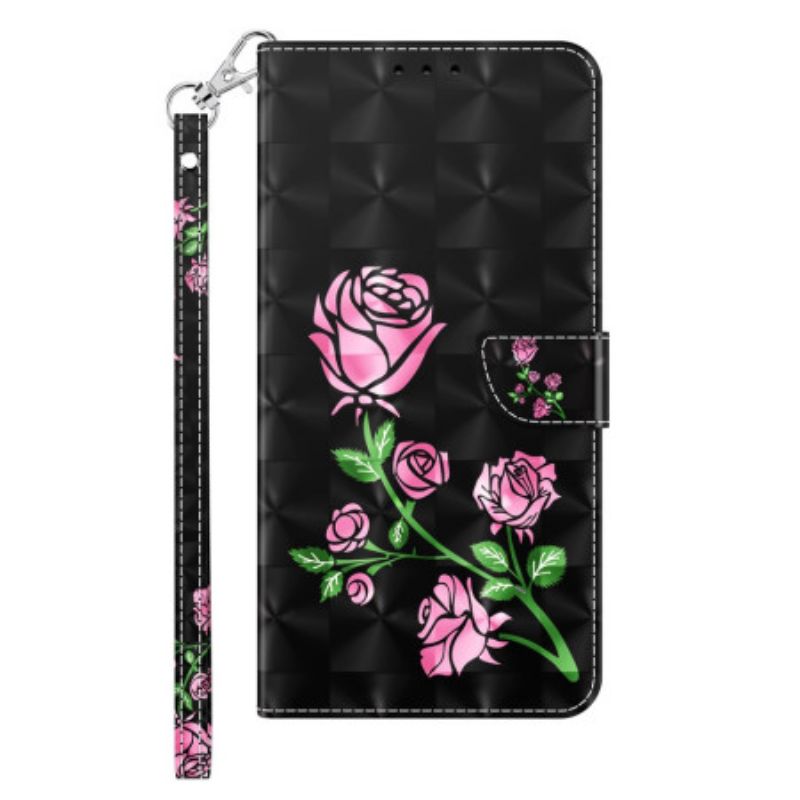 Housse Samsung Galaxy A55 5G Fleurs Roses sur Fond Noir à Lanière