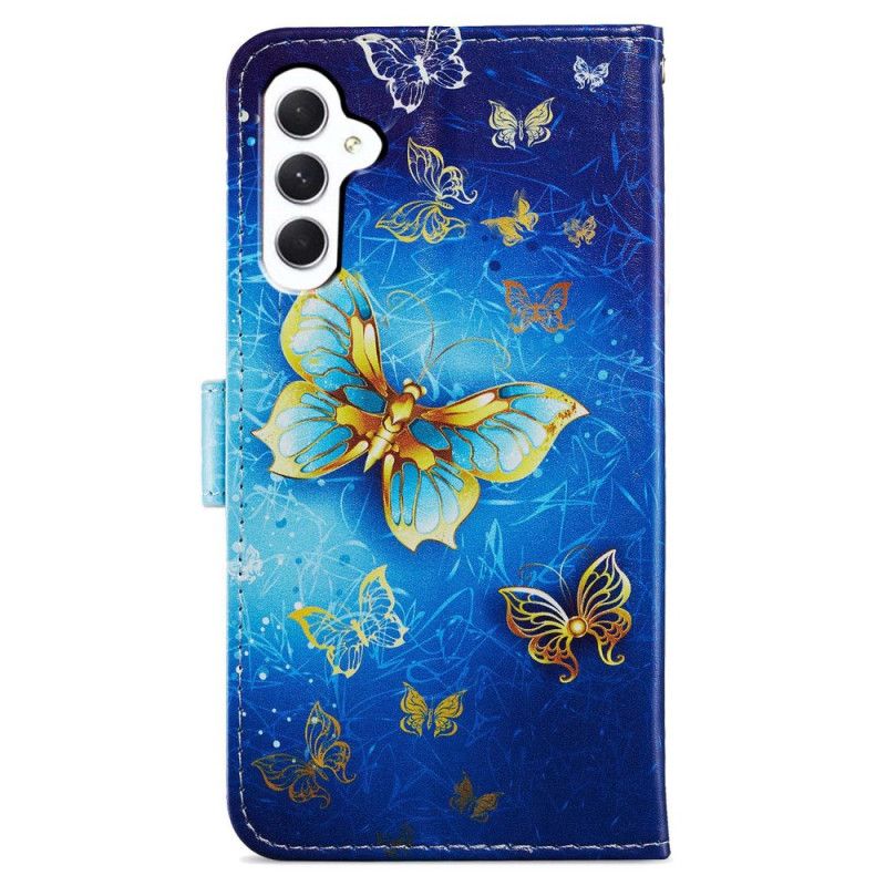 Housse Samsung Galaxy A55 5G Papillon Dorés sur Fond Bleu à Lanière