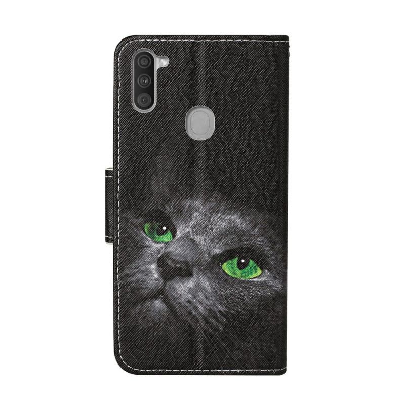 Housse Samsung Galaxy M11 Chat Aux Yeux Verts Avec Lanière