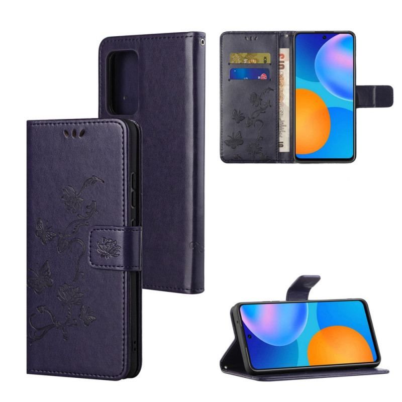 Housse Samsung Galaxy M52 5G Papillons et Fleurs à Lanière